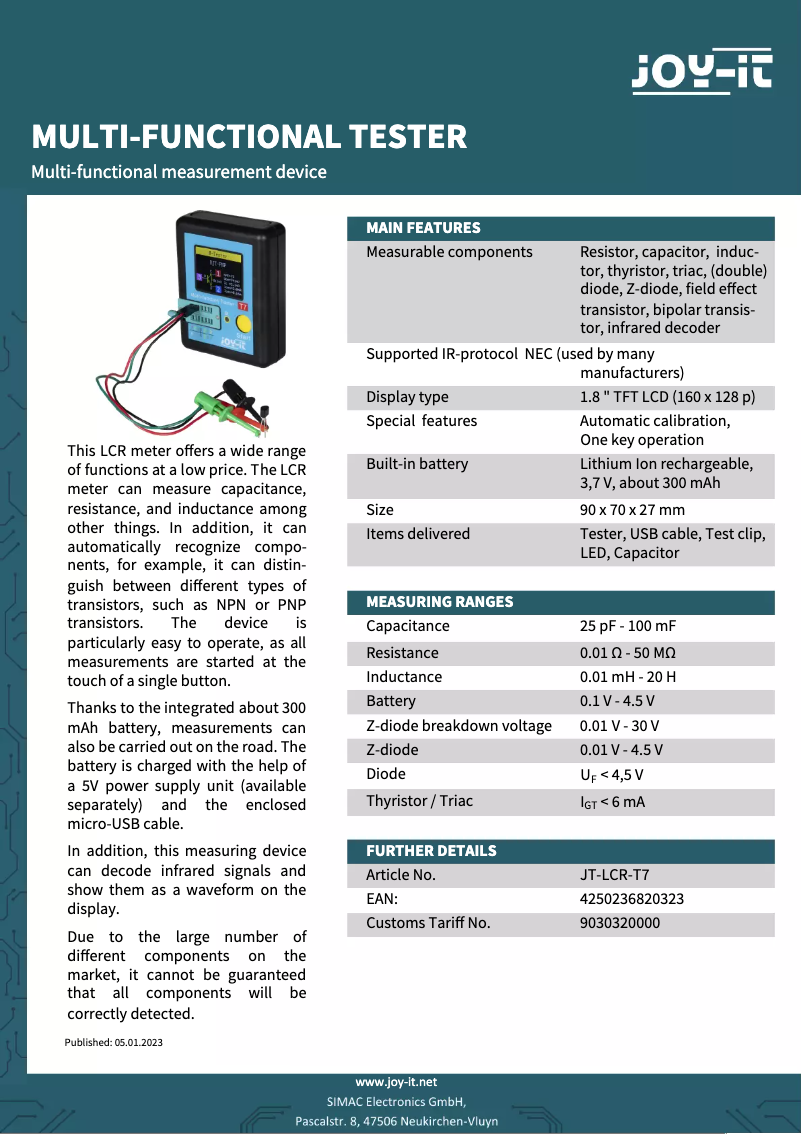 Page 1 de la notice Fiche technique Joy-It JT-LCR-T7