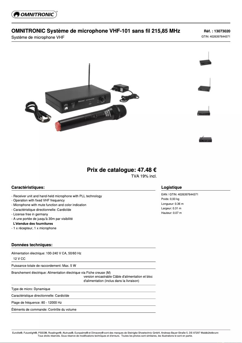 Page 1 de la notice Fiche technique Omnitronic VHF-101