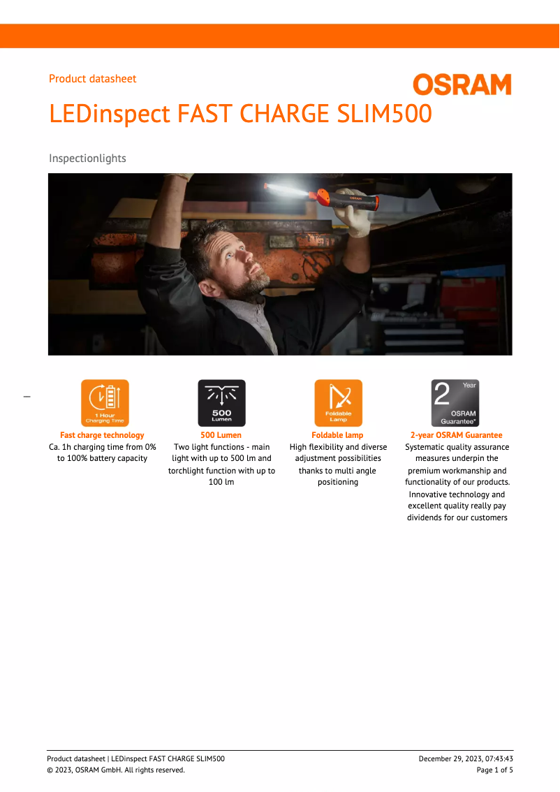 Page 1 of the manual Technical Sheet Osram LEDinspect FAST CHARGE SLIM500