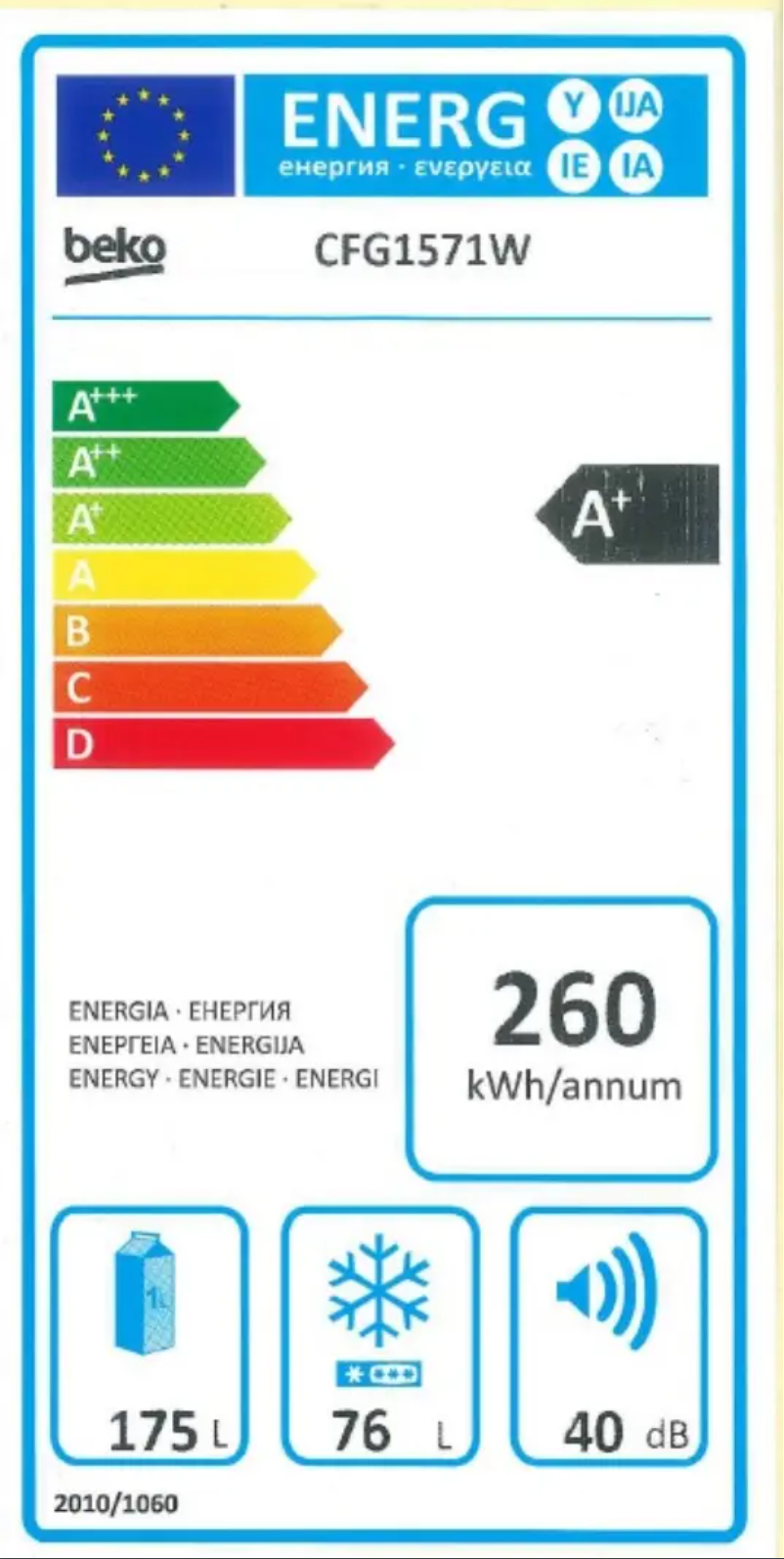 Page n°1 - Label énergétique Beko CFG1571