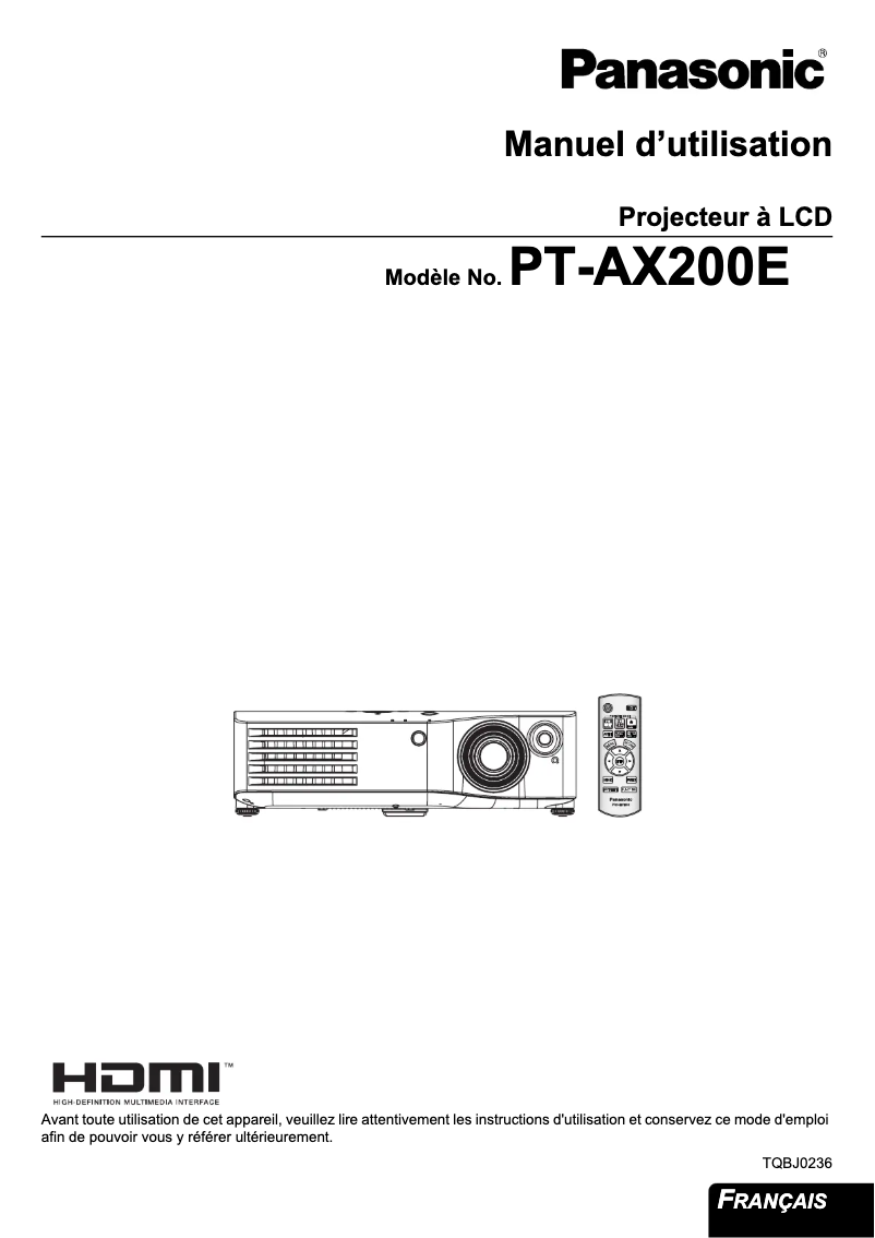Page n°1 - Manuel utilisateur Panasonic PT-AX200