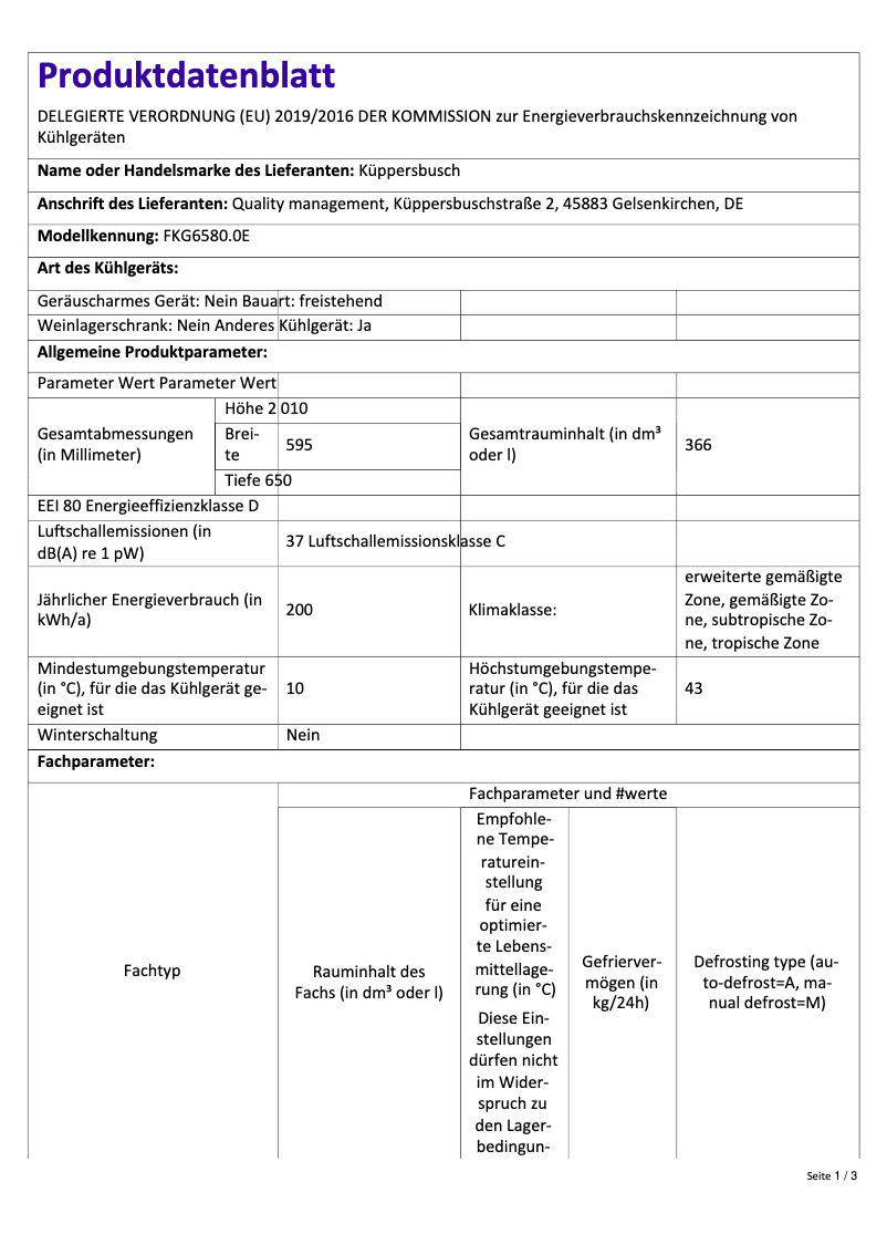 Page 1 de la notice Label énergétique Küppersbusch FKG6580.0E