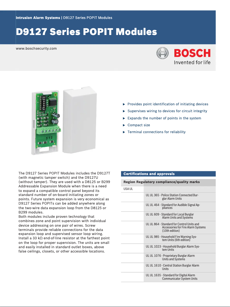 Page 1 de la notice Manuel utilisateur Bosch D9127U