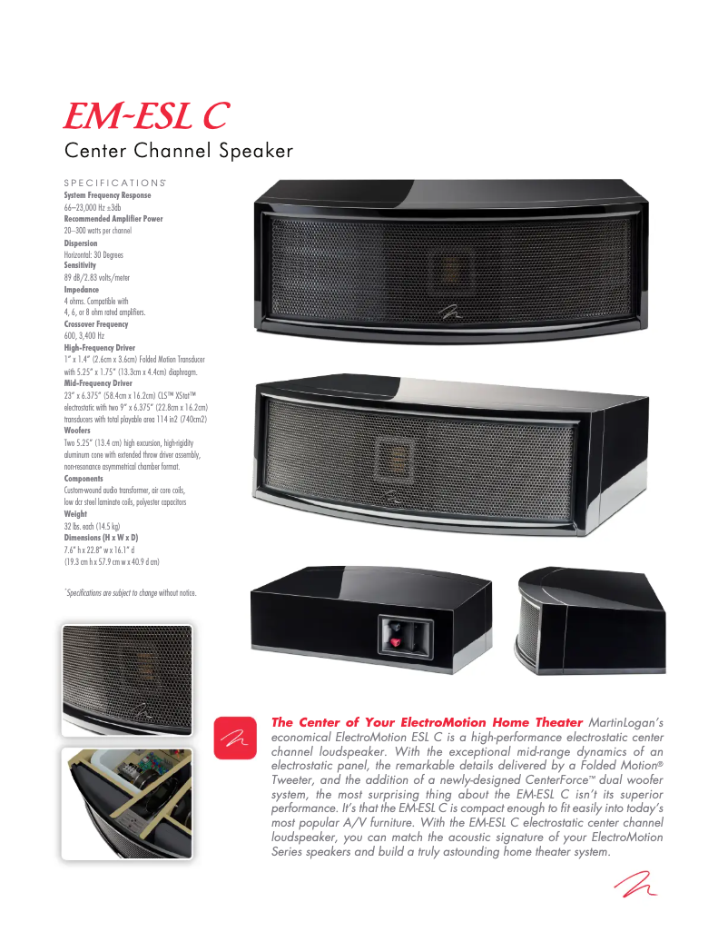 Page 1 de la notice Fiche technique Martin Logan ElectroMotion ESL C