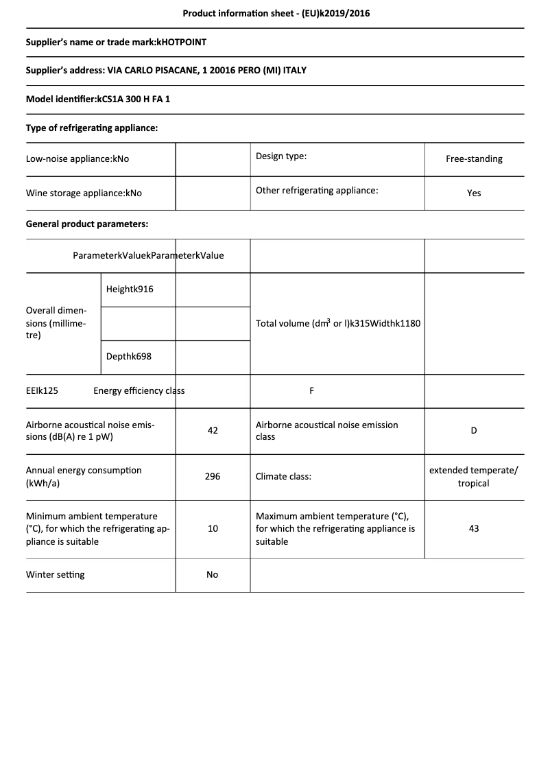 Page 1 of the manual Technical Sheet Hotpoint CS1A 300 H FA 1
