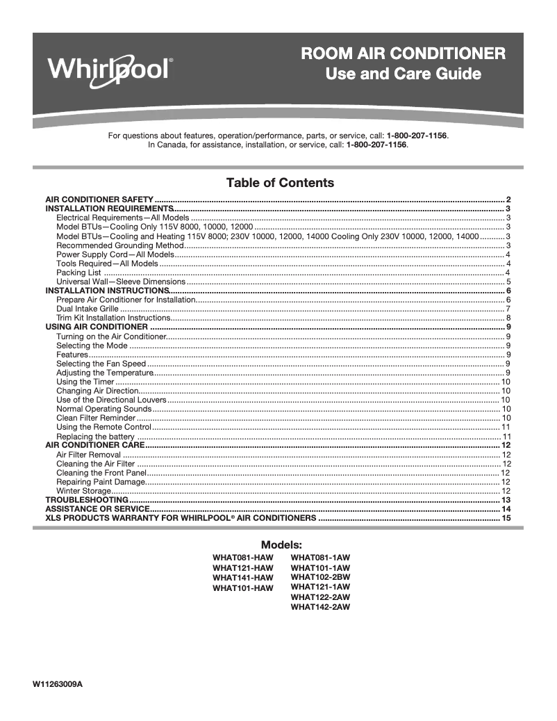 Page n°1 - Manuel utilisateur Whirlpool WHAT102-2BW