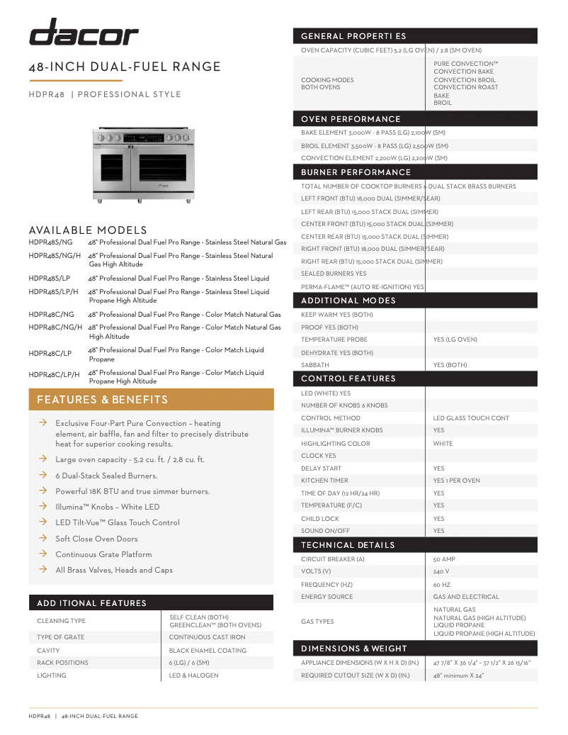 Page 1 de la notice Fiche technique Dacor HDPR48S