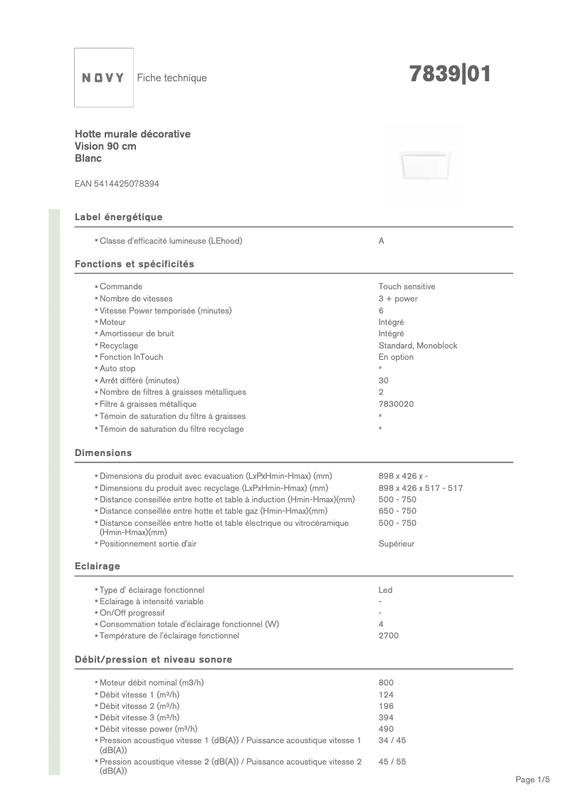 Page 1 de la notice Fiche technique Novy Vision 7839