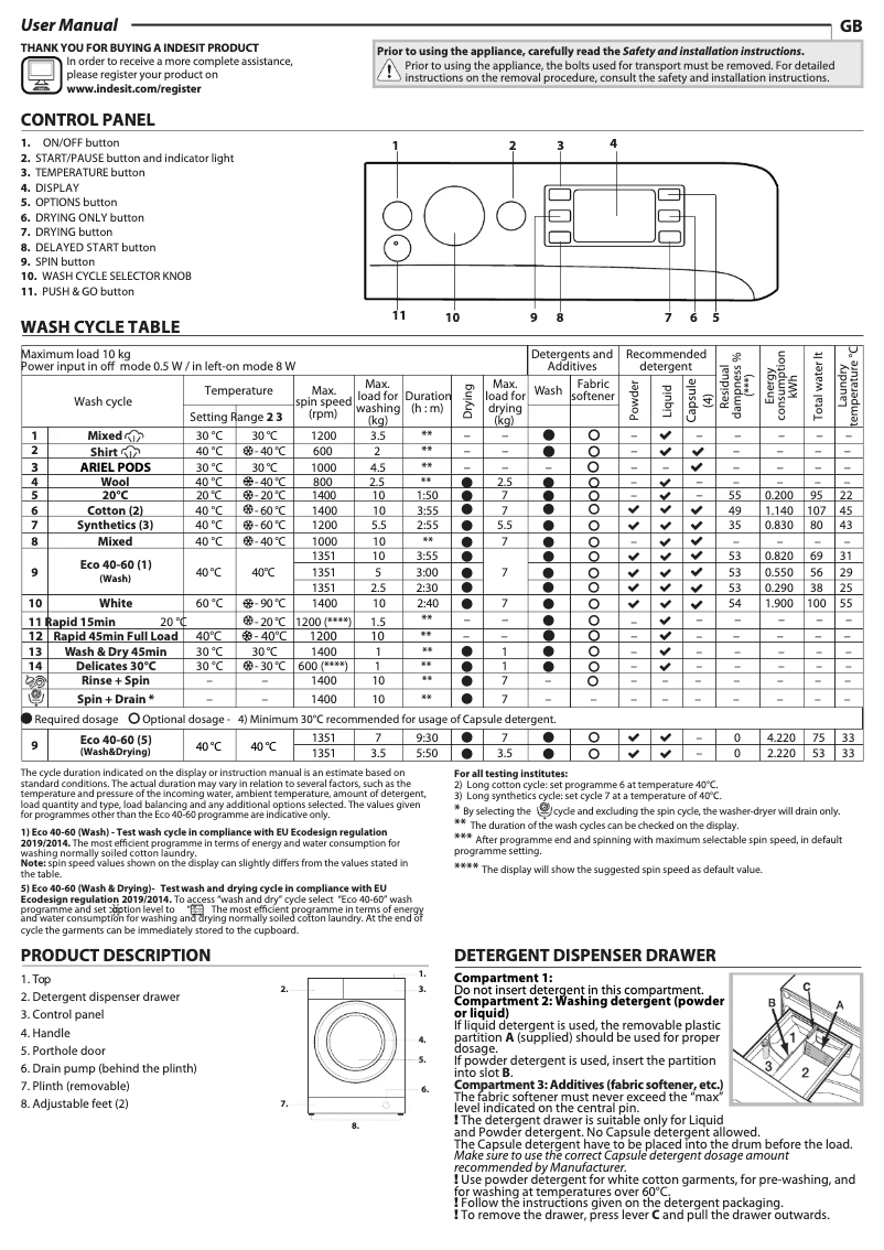 Page n°1 - Manuel d'utilisation et d'entretien Indesit BDE 107436 WV UK