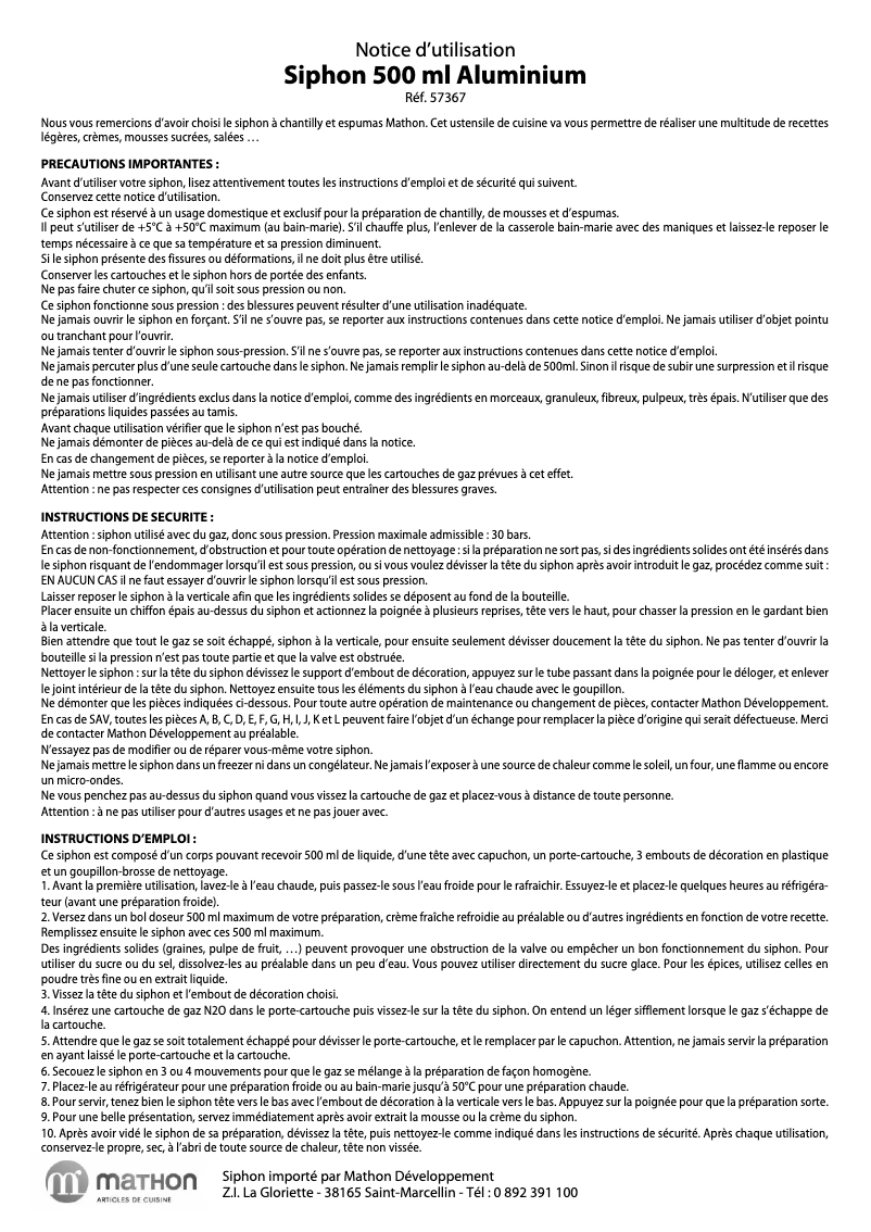 Page 1 de la notice Manuel utilisateur Mathon 57367