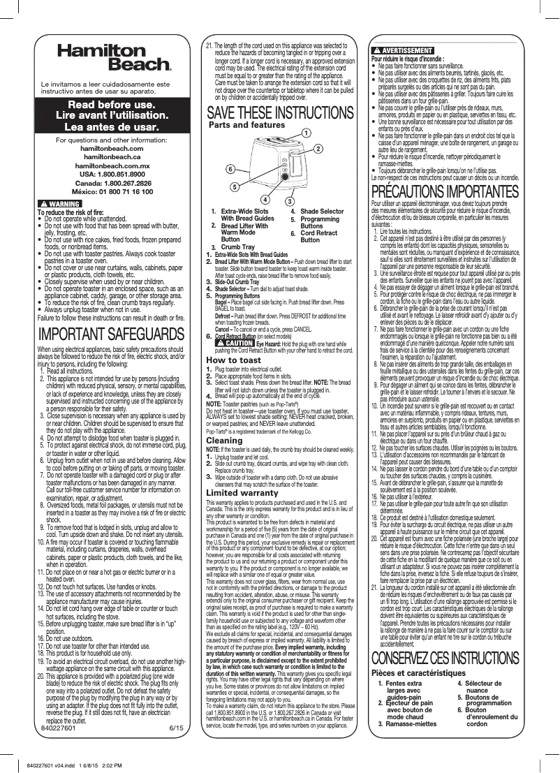 Page 1 de la notice Manuel utilisateur Hamilton Beach 22812