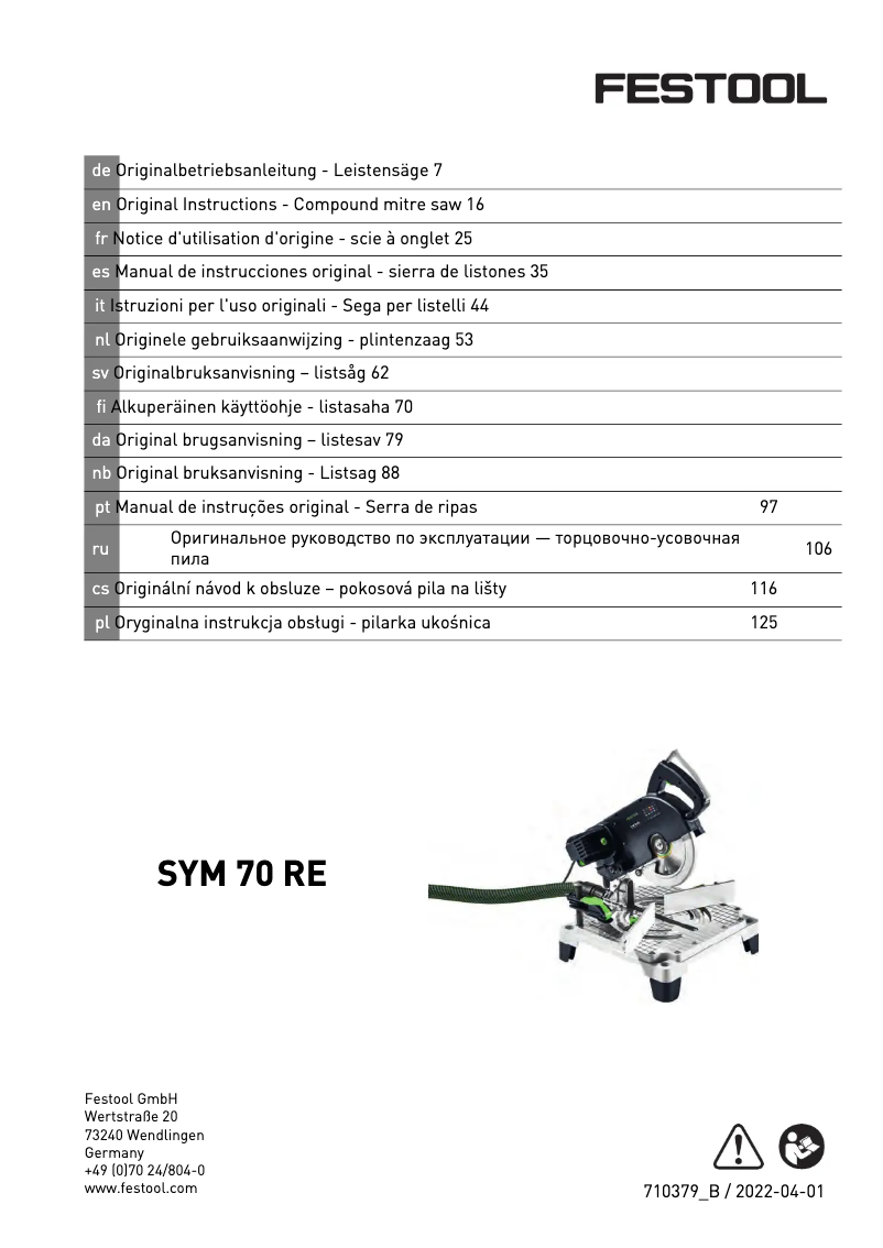 Page 1 de la notice Manuel utilisateur Festool SYM 70 RE