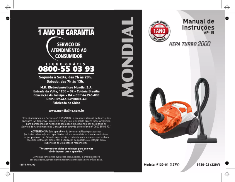 Page 1 de la notice Manuel utilisateur Mondial Hepa Turbo 2000 AP-15