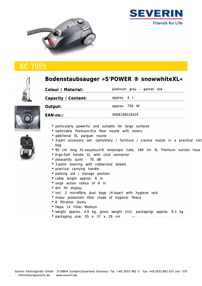 Página 1 del manual Ficha técnica Severin S'Power SnowwhiteXL BC 7055