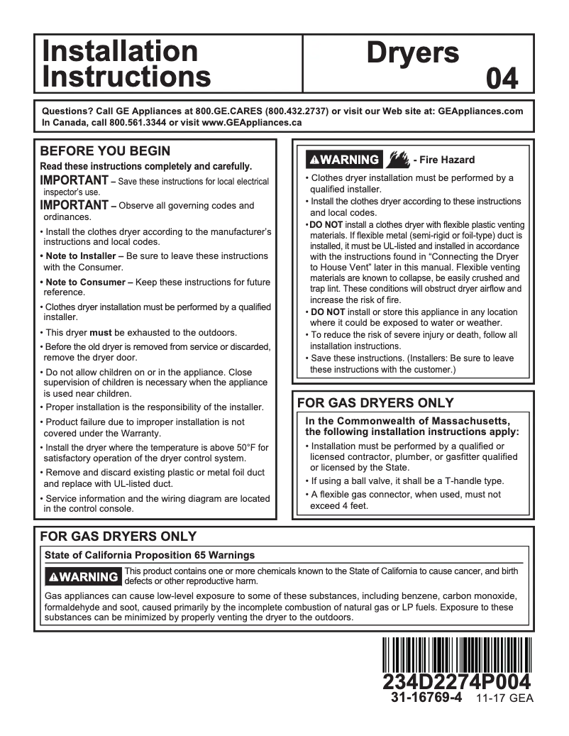 Page 1 de la notice Guide d'installation GE GFD45GSSMWW