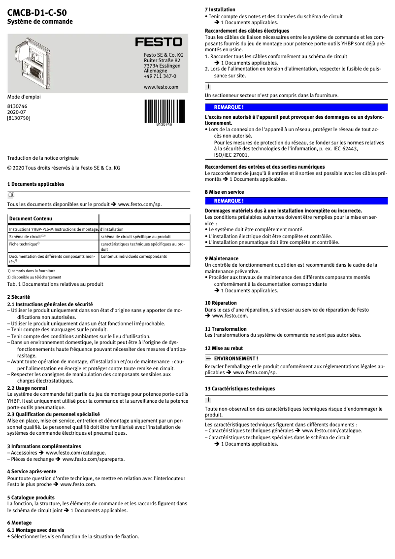 Page 1 de la notice Manuel utilisateur Festo CMCB-D1-C-S0