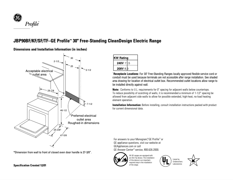 Page n°1 - Fiche technique GE Profile JBP90BFBB