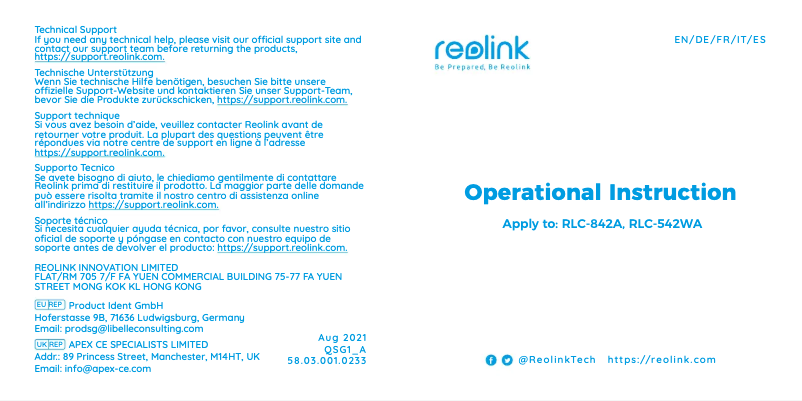 Page 1 de la notice Manuel utilisateur Reolink RLC-842A