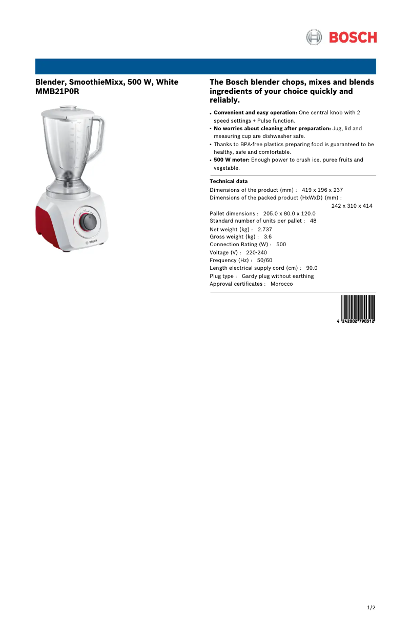Page 1 de la notice Fiche technique Bosch MMB21P0R