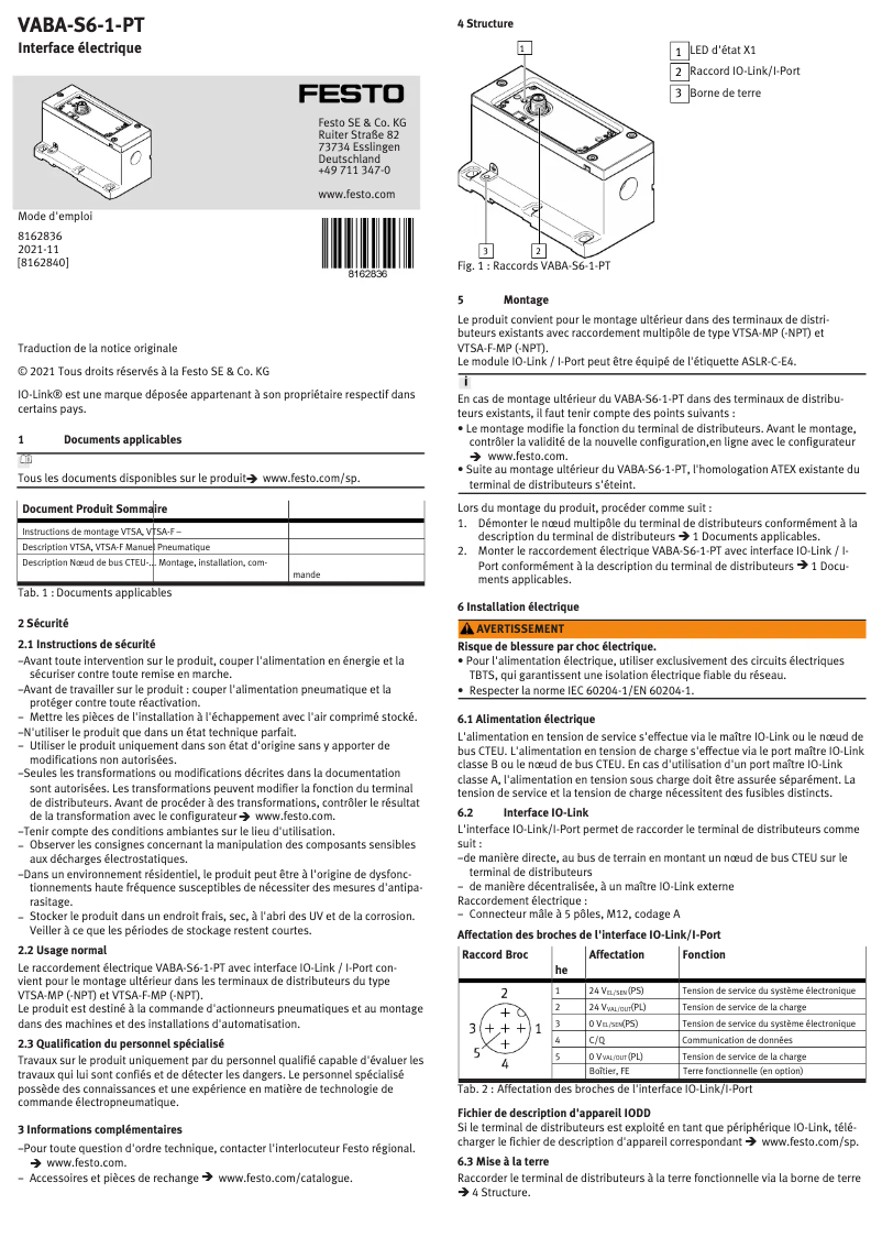 Image de la première page du manuel de l'appareil VABA-S6-1-PT