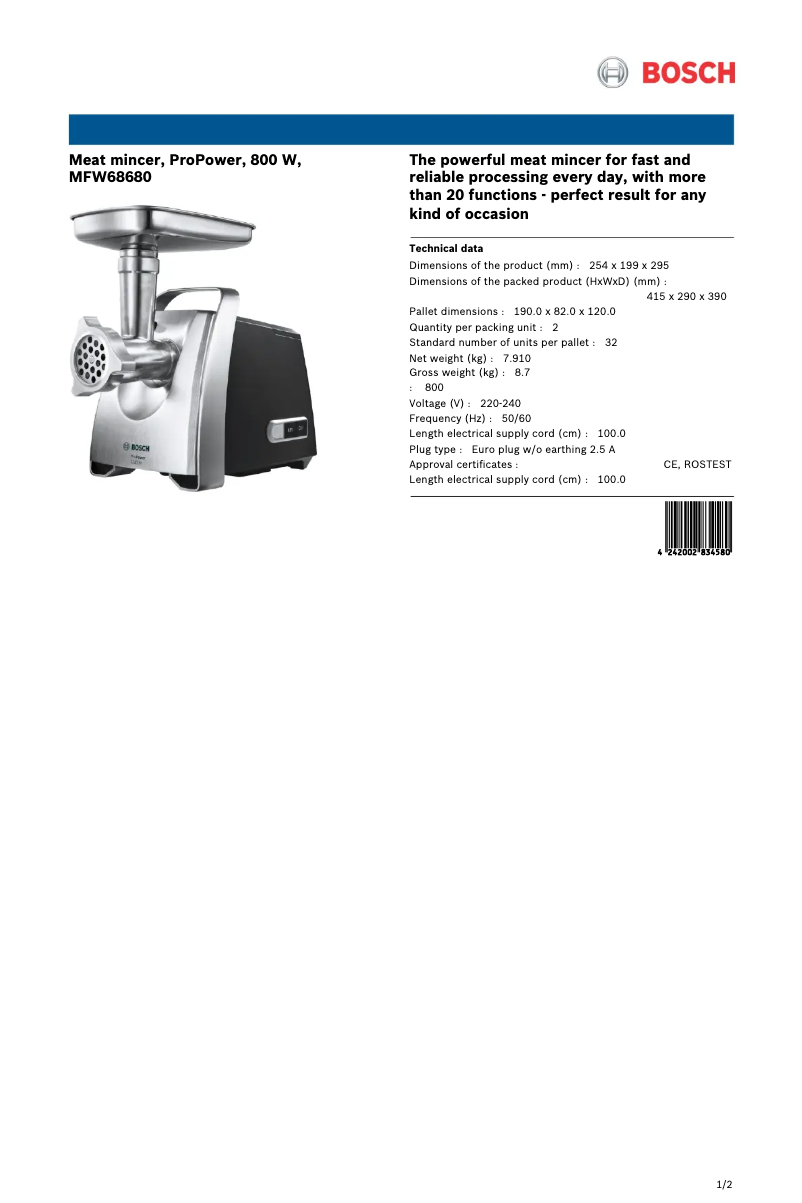 Page 1 de la notice Fiche technique Bosch MFW68680