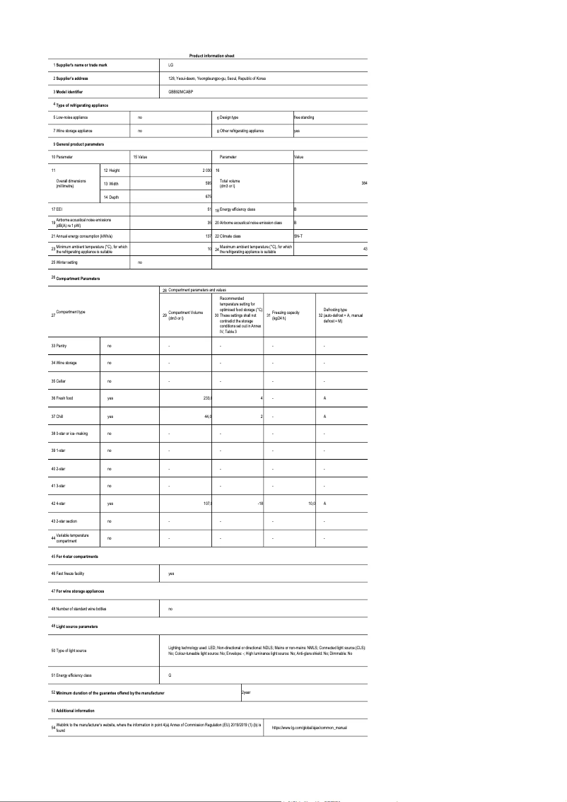 Page 1 de la notice Fiche technique LG GBB92MCABP