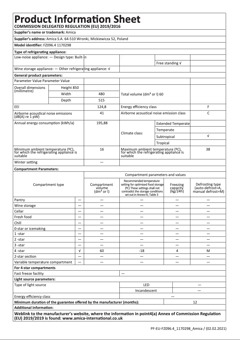 Página 1 del manual Ficha técnica Amica FZ0964