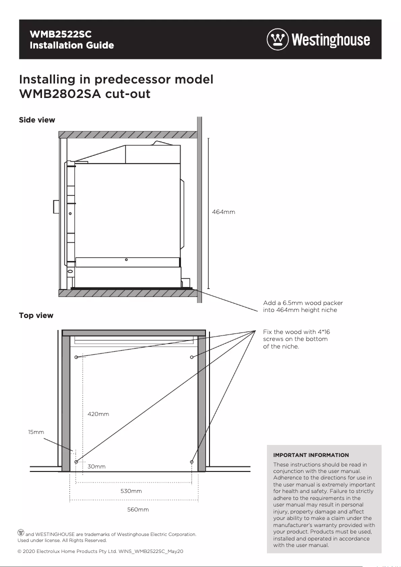 Página 1 del manual Guía de instalación Westinghouse WMB2522SC