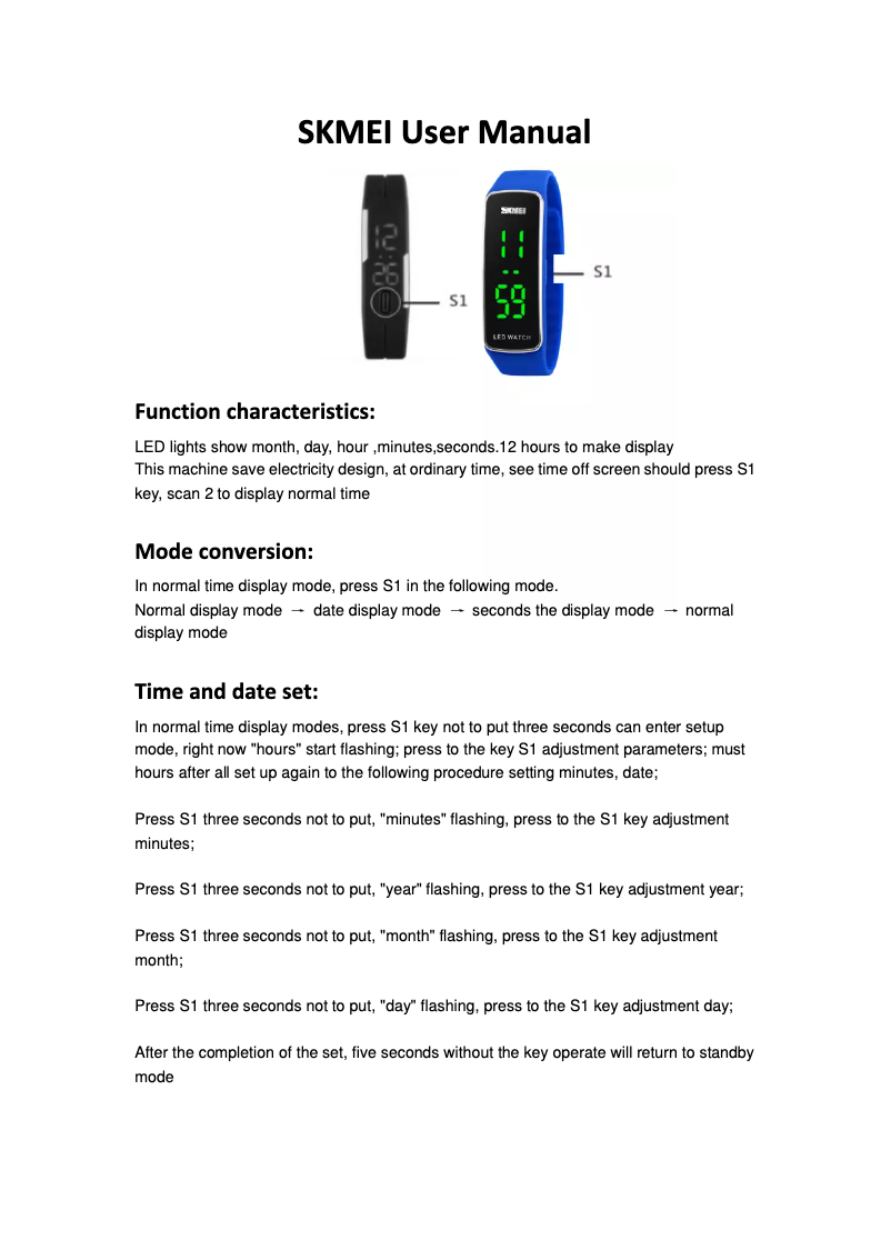 Page 1 de la notice Manuel utilisateur Skmei 1119A