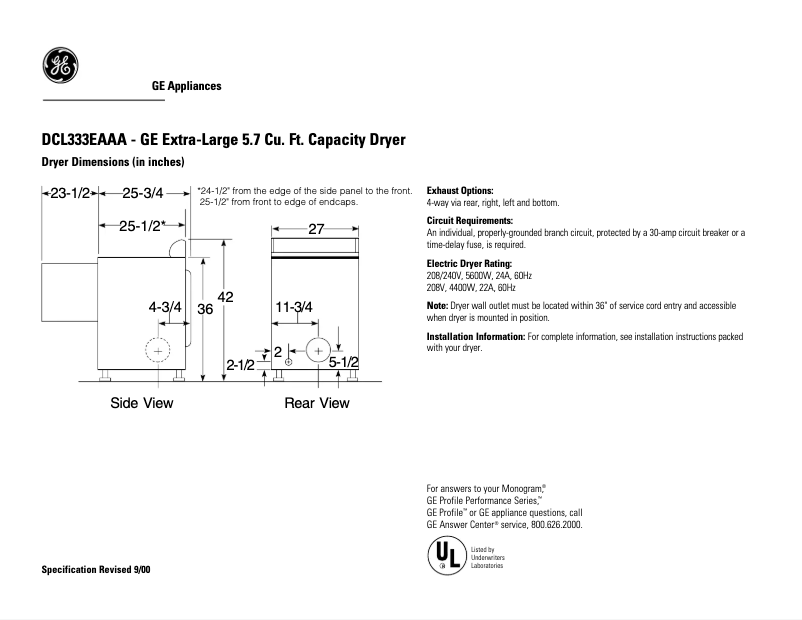Page n°1 - Fiche technique GE DCL333EAAA