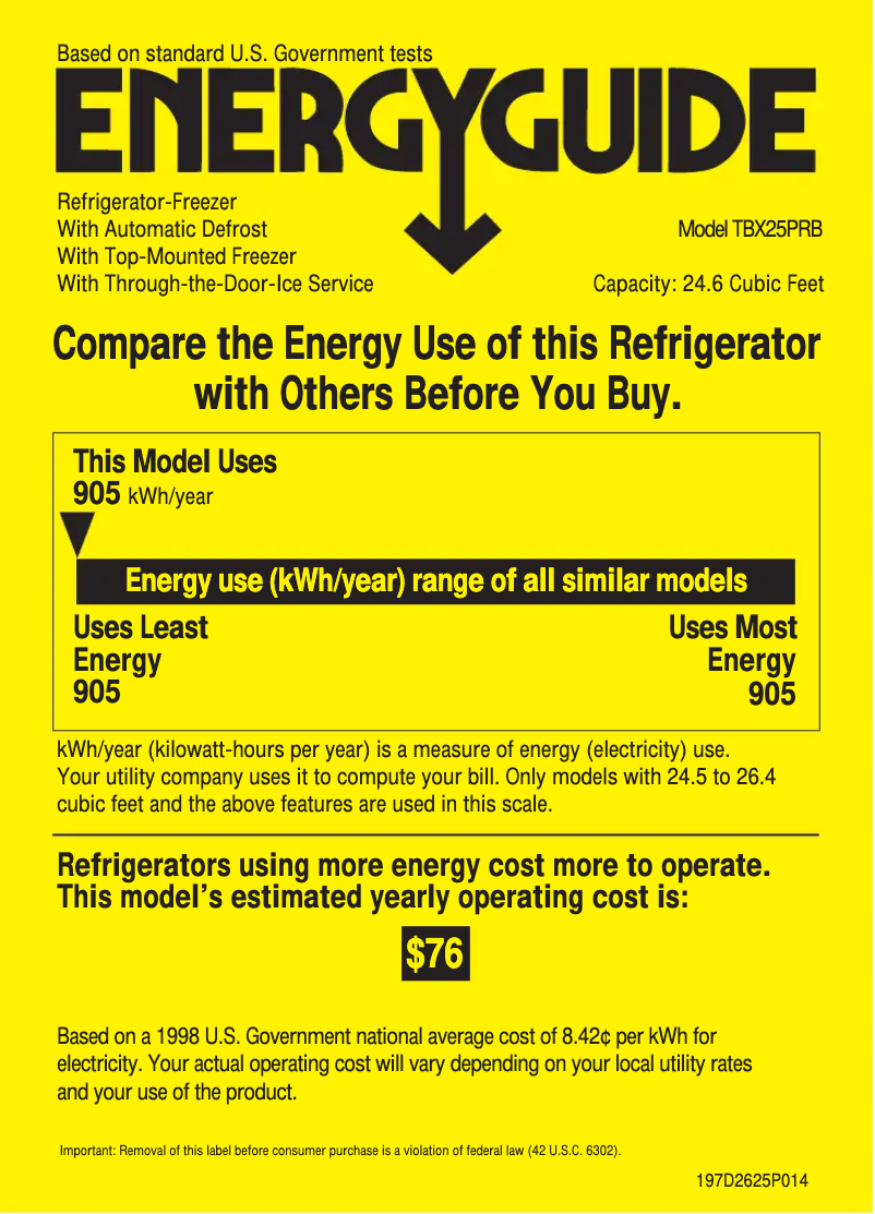 Page 1 de la notice Label énergétique GE Profile TBX25PRBRBB