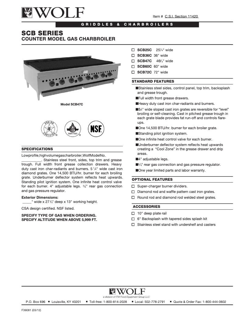 Page 1 de la notice Fiche technique Wolf SCB60