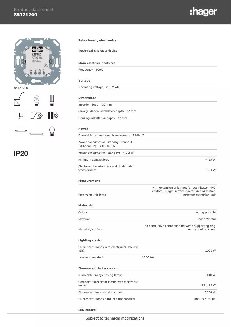 Page 1 de la notice Fiche technique Hager 85121200