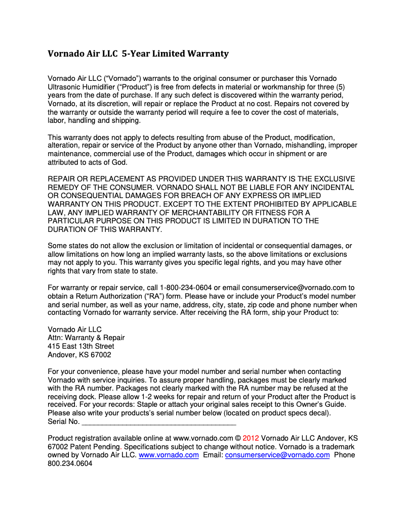 Page 1 de la notice Informations de garantie Vornado Ultra3