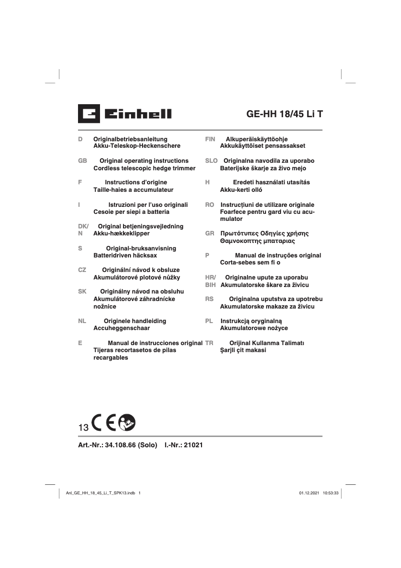Page n°1 - Manuel utilisateur Einhell GE-HH 18/45 Li T-Solo