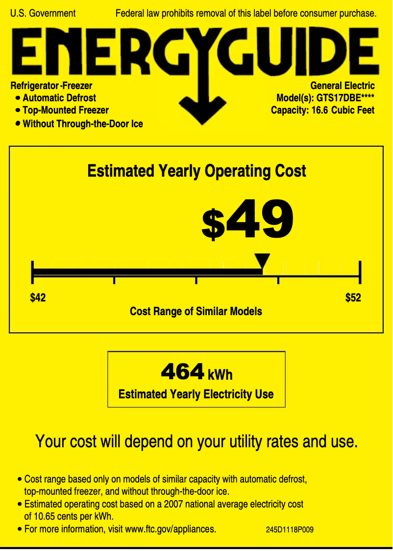 Page 1 de la notice Label énergétique GE GTS17DBEBB