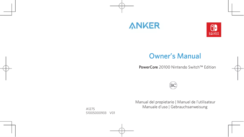 Imagen de la primera página del manual del dispositivo PowerCore 20100 Nintendo Switch