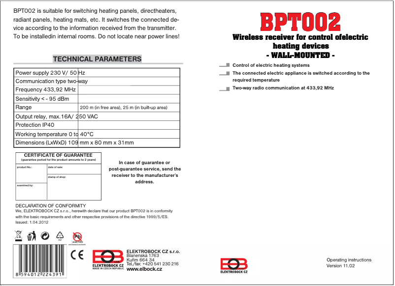 Page 1 de la notice Manuel utilisateur Elektrobock BT002