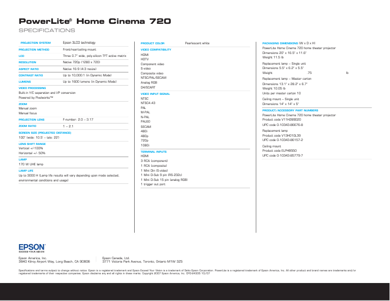 Página 1 del manual Folleto Epson PowerLite Home Cinema 720