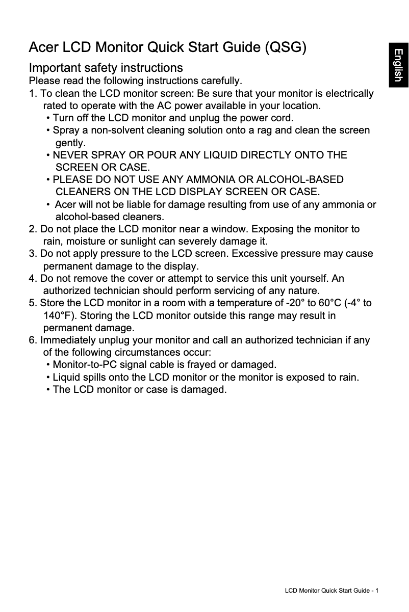 Page 1 de la notice Guide de démarrage rapide Acer XV431CP