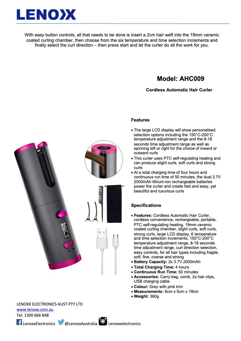 Page n°1 - Fiche technique Lenoxx AHC009