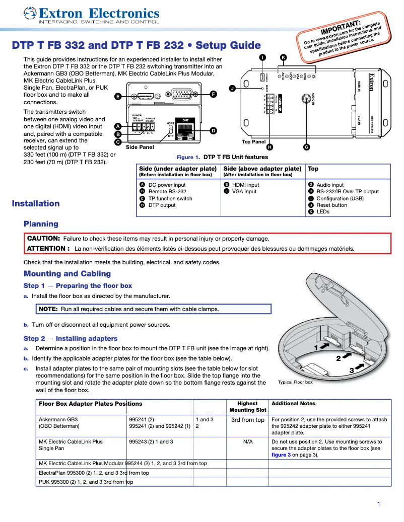 Page n°1 - Manuel utilisateur Extron DTP T FB 332