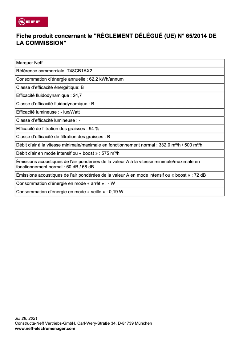 Page 1 of the manual Energy Label Neff T48CB1AX2