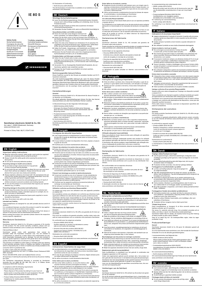 Page n°1 - Instructions de sécurité Sennheiser IE 80