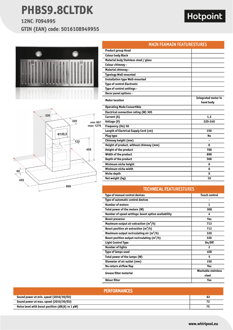 Page n°1 - Fiche technique Hotpoint PHBS9.8CLTDK