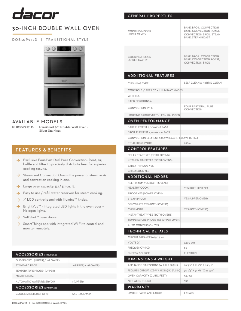 Page 1 de la notice Fiche technique Dacor DOB30P977DS