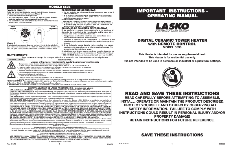 Page n°1 - Manuel utilisateur Lasko 5536