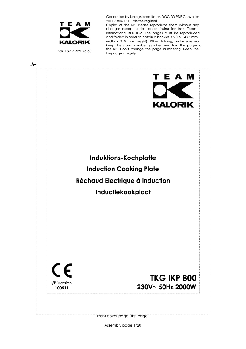 Page 1 de la notice Manuel utilisateur Kalorik TKG IKP 800