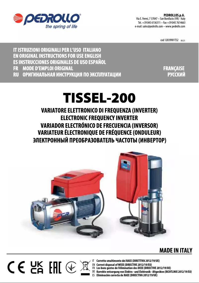 Page 1 de la notice Manuel utilisateur Pedrollo TISSEL-200