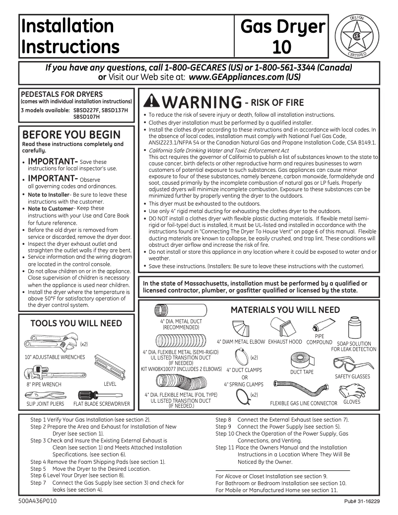 Page n°1 - Guide d'installation GE DCVH640GJWW